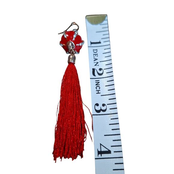 Red Lg Bead w/Rhinestones & Tassel Dangle Earrings - Picture 4 of 4